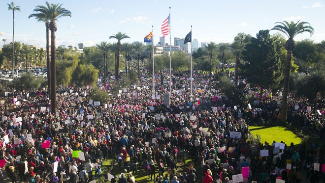 Thousands participate in the Women's March on Phoenix at the Arizona State Capitol on Jan. 21, 2017. The rally was timed for the day after President Donald Trump's inauguration and on the same day of a women's march taking place in Washington, D.C.