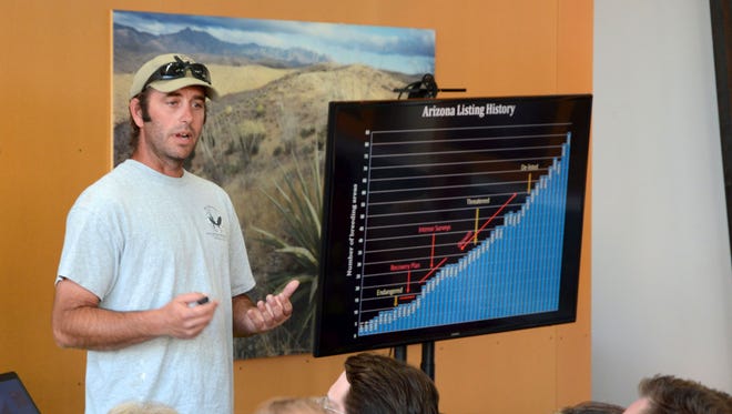 Kenneth Jacobson, Bald Eagle Management Coordinator with the Arizona Game & Fish Department, speaks at the April 20, 2017 Birds and Beer event at the Rio Salado Audubon Center.
