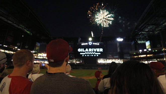 Baseball fans watch fireworks in Chase field. A 15-minute fireworks display in Chase Field followed the Arizona Diamondbacks game on Saturday night.