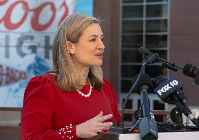 Phoenix Mayor Kate Gallego speaks during a World Series press conference on Oct. 27, 2023, outside of the Phoenix Convention Center.