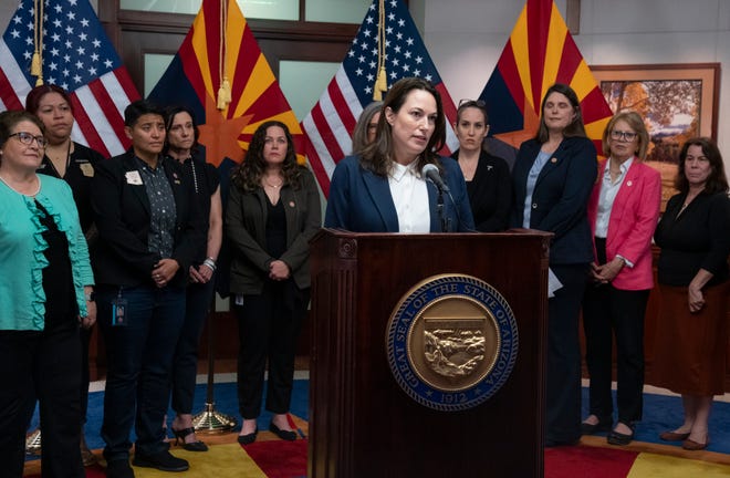 Morgan Finkelstein speaks during a news conference on the Arizona Supreme Court abortion law ruling at the Arizona state Capitol in Phoenix on April 9, 2024.