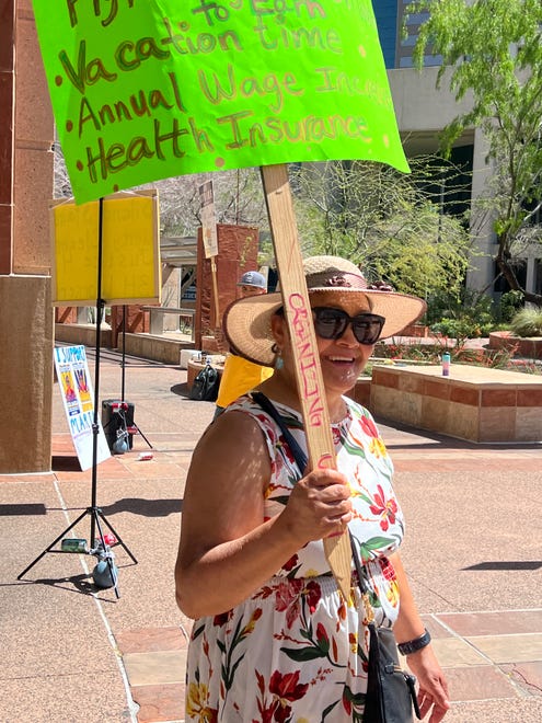 Maria Sanchez protests her own termination outside Phoenix City Hall on April 10, 2024. Sanchez cleaned the offices of mayors, council members and city managers for a decade. She was fired for dress code from 3H & 3H, a city contractor.
