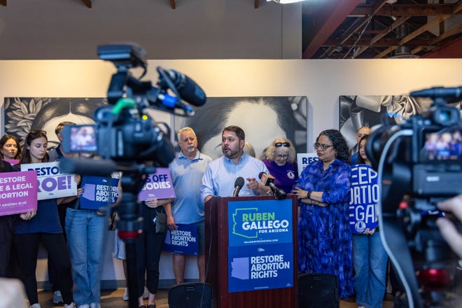 Rep. Ruben Gallego speaks in Phoenix on the state's Supreme Court ruling to uphold near-total ban on abortions on April 12, 2024.