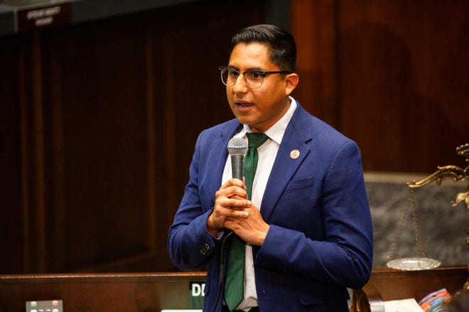 Assistant Minority Leader Oscar De Los Santos speaks during a legislative session of the Arizona House of Representatives on April 17, 2024.