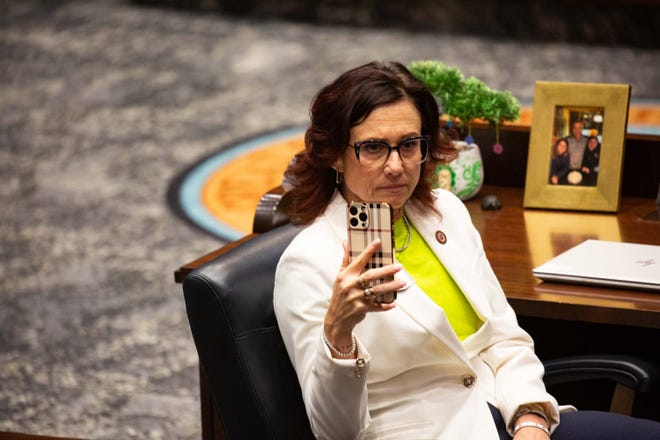 Minority Whip Nancy Gutierrez records a video during a legislative session of the Arizona House of Representatives on April 17, 2024.