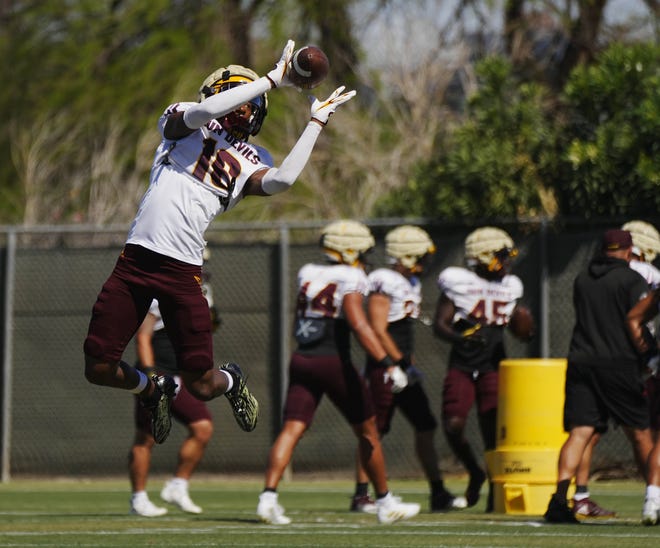 ASU defensive back Chris Johnson II (16) catches a ball during a spring practice at the Kajikawa practice fields on April, 24, 2024.