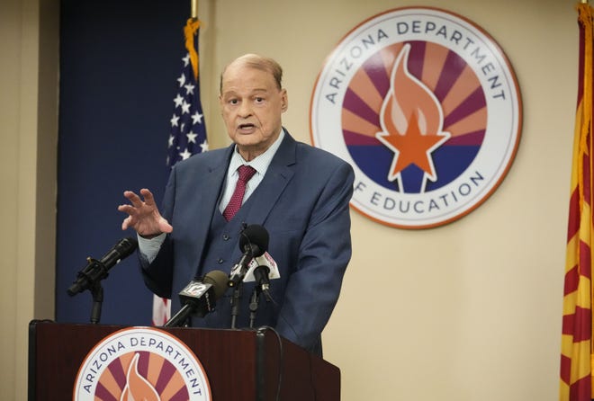 Superintendent of Public Instruction Tom Horne announced a new fentanyl prevention outreach initiative during a news conference in Phoenix on May 7, 2024.