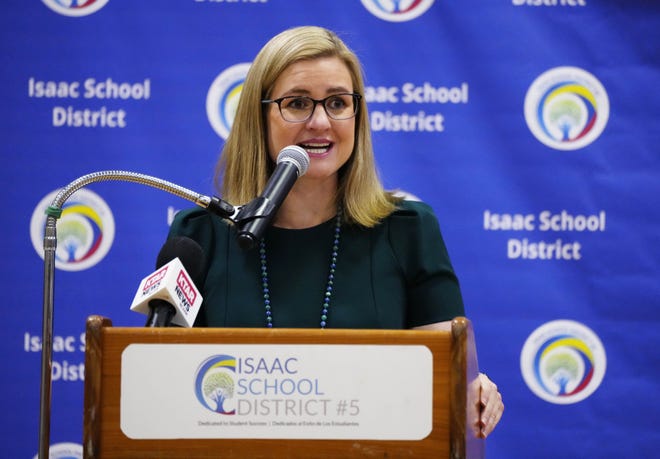 Mayor Kate Gallego speaks during a news conference and ride along for the new electric school bus in Phoenix on May 7, 2024.