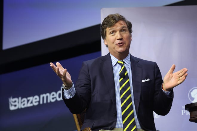 Former Fox News television personality Tucker Carlson speaks to guests at the Family Leadership Summit on July 14, 2023 in Des Moines, Iowa.