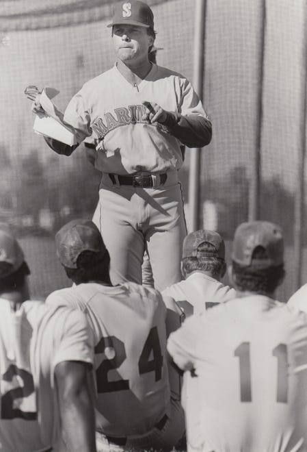 Seattle Mariners manager Jim Lefebvre directs his troops during spring training Feb. 26, 1989.