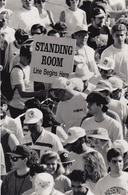 Fans at Phoenix Municipal Stadium during a Seattle versus Oakland spring-training game, March 29, 1992.