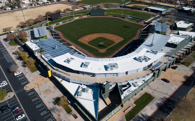 Aerial drone view of Hohokam Park, Cactus League home of the Oakland A's, in Mesa, Ariz., on Jan. 8, 2019.