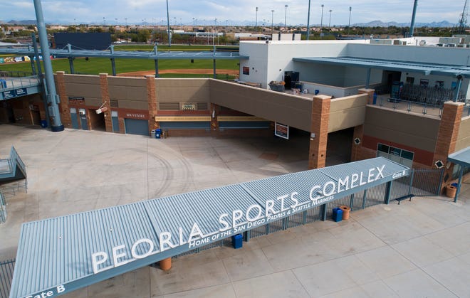 Aerial drone view of Peoria Sports Complex, Cactus League home of the Seattle Mariners and San Diego Padres, in Peoria, Arizona January 9, 2019.