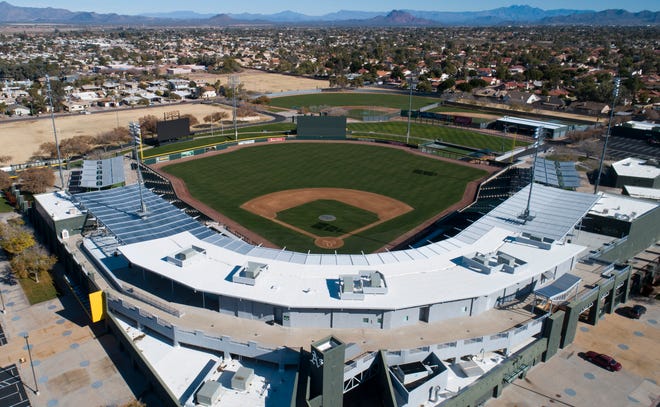 Aerial drone view of HoHokam Park, Cactus League home of the Oakland A's, in Mesa, Arizona January 8, 2019.