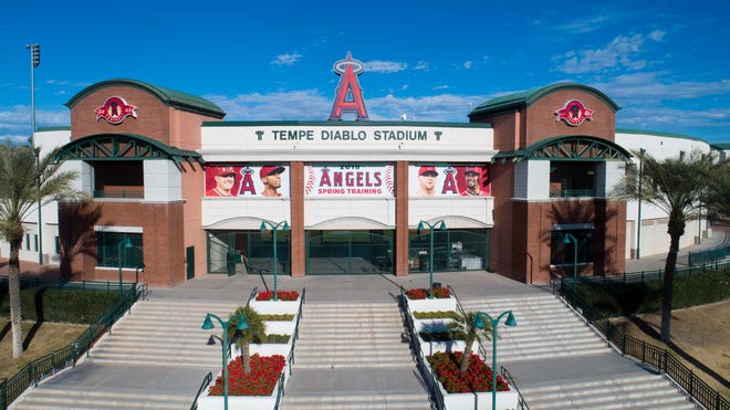 Aerial drone view of Tempe Diablo Stadium, Cactus League home of the Anaheim Angels, in Tempe, Arizona January 9, 2019.