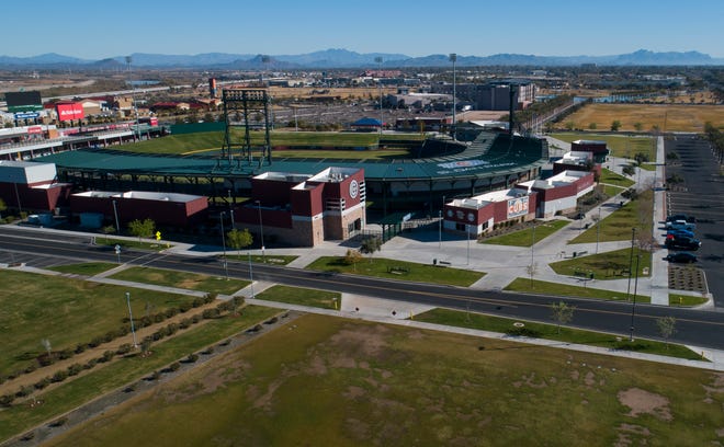 Aerial drone view of in Sloan Park, Cactus League home of the Chicago Cubs, in Mesa, Arizona January 8, 2019.