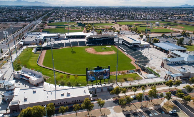 Aerial drone view of Surprise Stadium, Cactus League home of the Texas Rangers and Kansas City Royals, in Surprise, Arizona January 9, 2019.