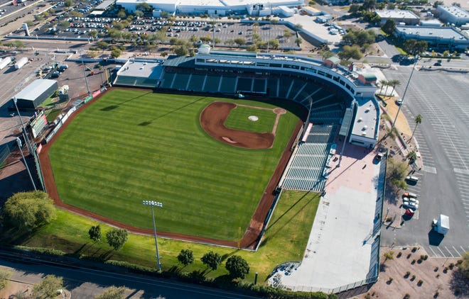 Aerial drone view of Tempe Diablo Stadium, Cactus League home of the Anaheim Angels, in Tempe, Arizona January 9, 2019.