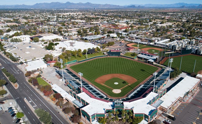 Aerial drone view of Scottsdale Stadium, Cactus League home of the San Francisco Giants, in Scottsdale, Arizona January 8, 2019.
