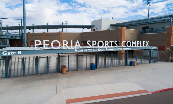 Aerial drone view of Peoria Sports Complex, Cactus League home of the Seattle Mariners and San Diego Padres, in Peoria, Arizona January 9, 2019.