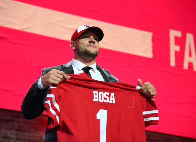 Apr 25, 2019; Nashville, TN, USA; Nick Bosa (Ohio State) is selected as the number two overall pick to the San Francisco 49ers in the first round of the 2019 NFL Draft in Downtown Nashville.