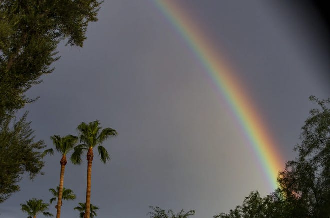 Un hermoso arcoiris puede observarse sobre Mesa, Arizona, luego de las tormentas registradas el 30 de julio de 2019.