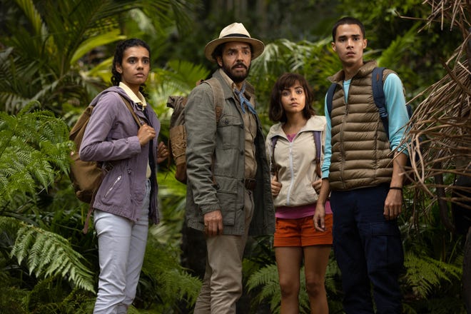 Madeleine Madden (from left), Eugenio Derbez, Isabela Moner and Jeff Wahlberg star in "Dora and the Lost City of Gold."