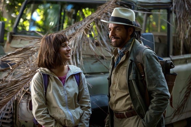 Alejandro (Eugenio Derbez) leads Dora (Isabela Moner) on an adventure in "Dora and the Lost City of Gold."