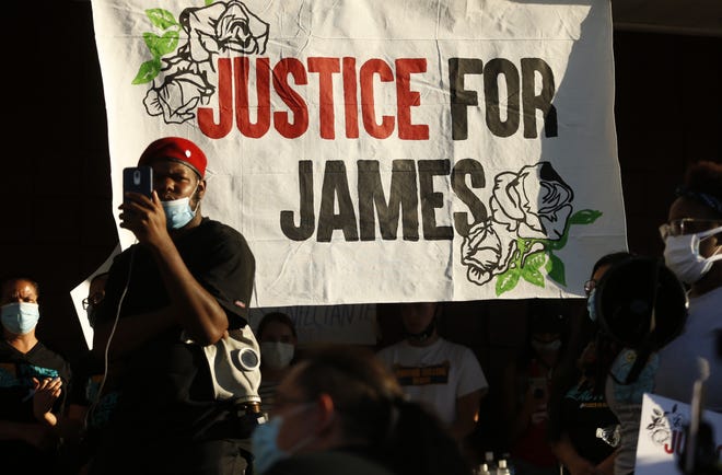 People gather in support during a Justice for James Garcia Rally in Phoenix on July 6, 2020.