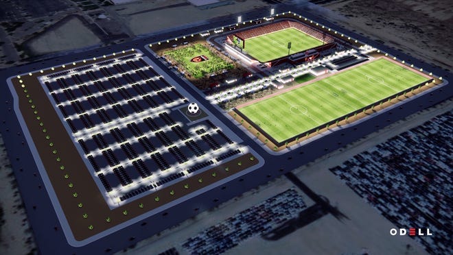 A rendering of Phoenix Rising FC's new stadium and complex, to be built at Wildhorse Pass Casino.