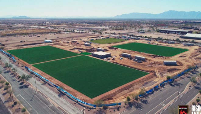 Aerial view of the new fields being built as part of the Phoenix Rising FC's new stadium and training complex near Wild Horse Pass.