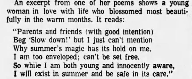 One of Deana Lynne Bowdoin's favorite hobbies was poetry. The Arizona Republic ran an excerpt of her poetry after her death in a Jan. 28, 1978 report.