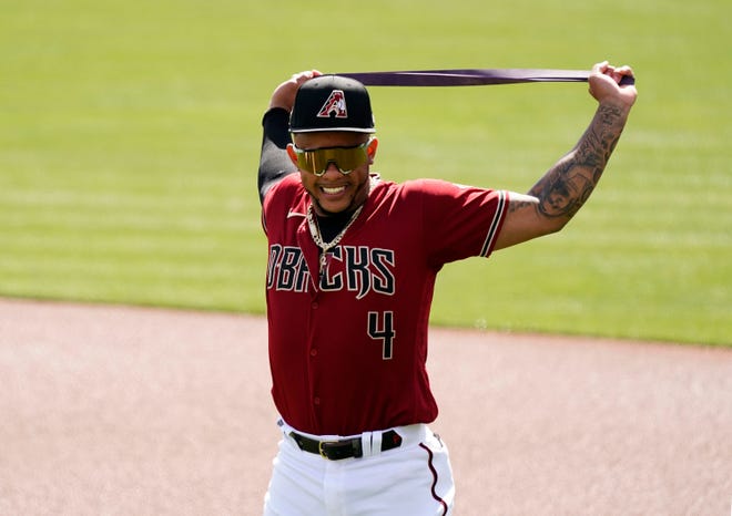 Arizona Diamondbacks centerfielder Ketel Marte (4) prepares to play the Los Angeles Angels during a spring training game at Salt River Fields at Talking Stick in Scottsdale, Ariz., on March 4, 2021.
