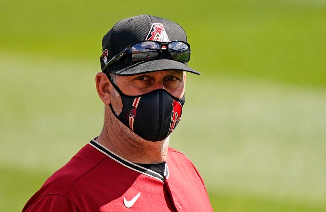 Arizona Diamondbacks manager Torey Lovullo prepares to play the Los Angeles Angels during a spring training game at Salt River Fields at Talking Stick in Scottsdale, Ariz., on March 4, 2021.