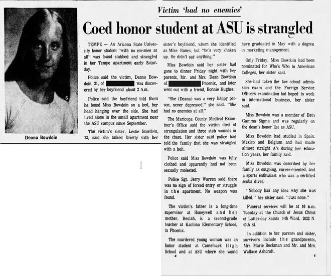 An article about Deana Bowdoin's death published in The Arizona Republic on Jan. 8, 1978.