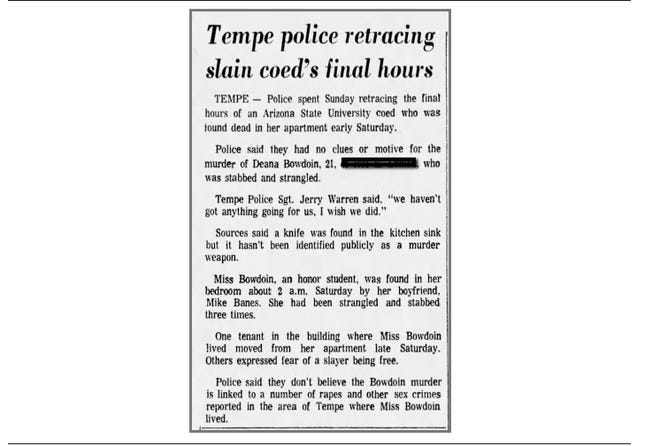 A story about Deana Bowdoin's murder in The Arizona Republic on Jan. 9, 1978.
