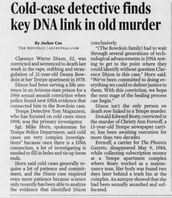 A story about the conviction and sentencing of Clarence Wayne Dixon in the death of Deana Bowdoin in The Arizona Republic on Jan. 31, 2008.