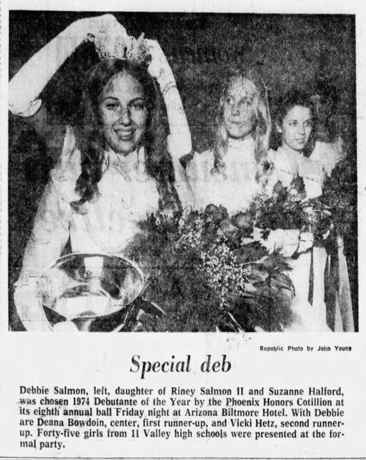 Deana Bowdoin was first runner-up in a 1974 debutante contest, show here (center) in a 1974 clipping of The Arizona Republic.