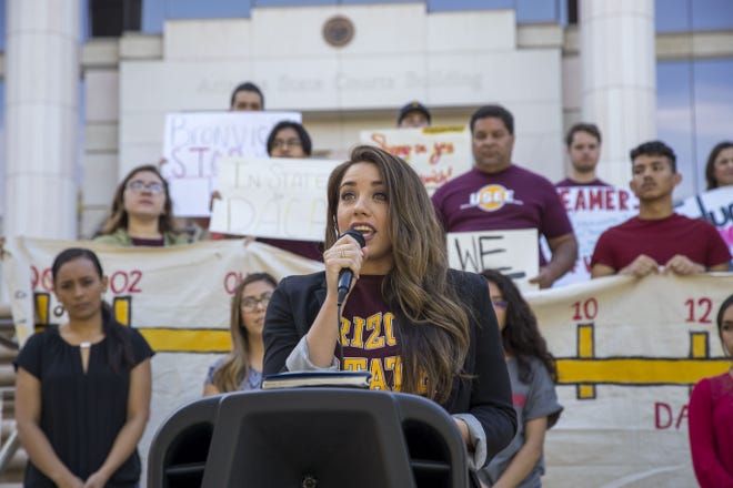 Belén Sisa speaks during the rally outside Arizona Supreme Court on April 2, 2018.