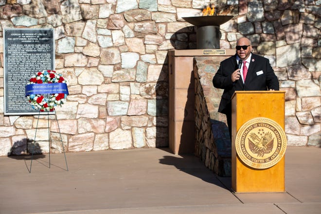 Randy Heard, the director at National Memorial Cemetery of Arizona, speaks at a Memorial Day event at the cemetery in Phoenix on May 31, 2021.