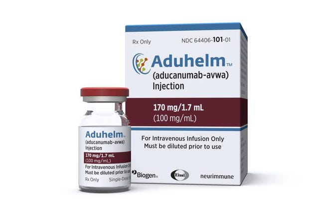 El medicamento aprobado por Estados Unidos para el mal de Alzheimer, Aduhelm. Foto suministrada por la empresa Biogen el 7 de junio del 2021.