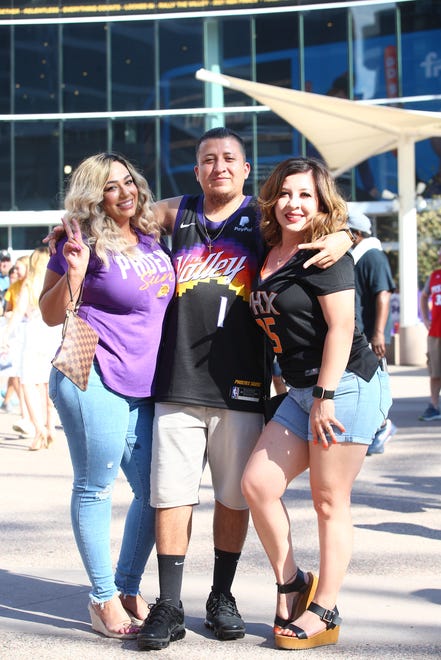 Lupita, Fuentes, Luis Ramirez, Jeannette Ramos pose at the Phoenix Suns Arena for Game 2 of the NBA finals vs. the Milwaukee Bucks on July 8, 2021.