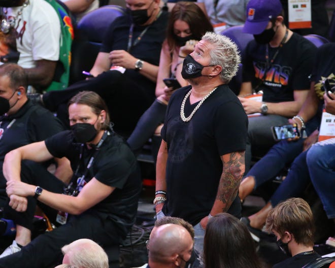 Restaurateur and TV Personality Guy Fieri watches Game 2 of the NBA Finals between the Phoenix Suns and the Milwaukee Bucks at Phoenix Suns Arena July 8, 2021.