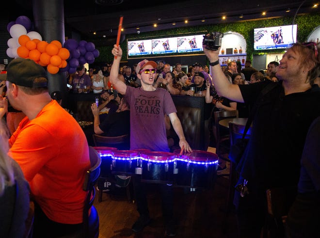 Cole Govern of Boom Percussion Entertainment prepares to drums while fans scream chants in support of the Suns before Game 2 of the NBA Finals at the Ainsworth on July 8, 2021.