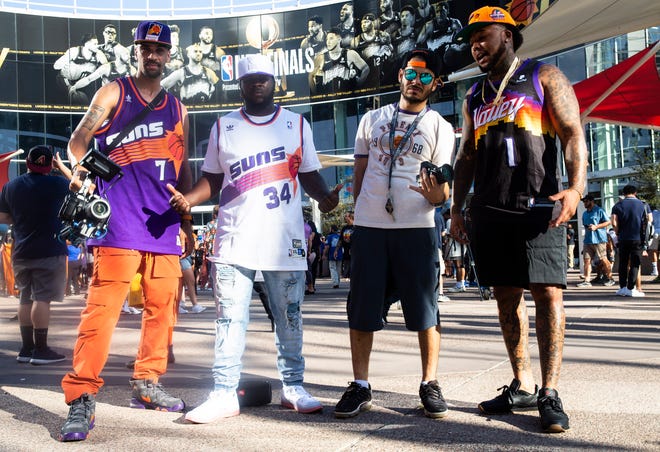 Suns fans Chubbs Finesse, Yung Face, CEO Joey Heff and Mican Kenneson arrive at the Phoenix Suns Arena for Game 2 of the NBA finals vs. the Milwaukee Bucks on July 8, 2021.