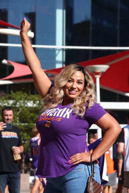 Lupita Fuentes poses at the Phoenix Suns Arena for Game 2 of the NBA finals vs. the Milwaukee Bucks on July 8, 2021.