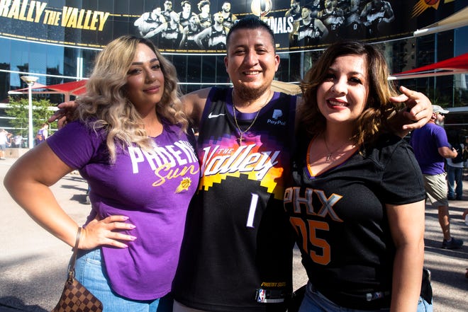 Lupita, Fuentes, Luis Ramirez and Jeannette Ramos Fans arrive at the Phoenix Suns Arena for Game 2 of the NBA finals vs. the Milwaukee Bucks on July 8, 2021.