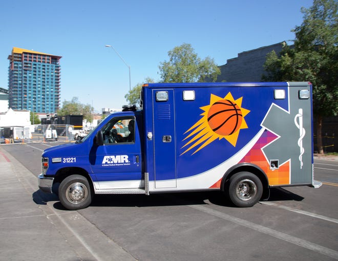 An American Medical Response truck designed with Suns colors arrives to the Phoenix Suns Arena before Game 2 of the NBA Finals in Phoenix on July 8, 2021.