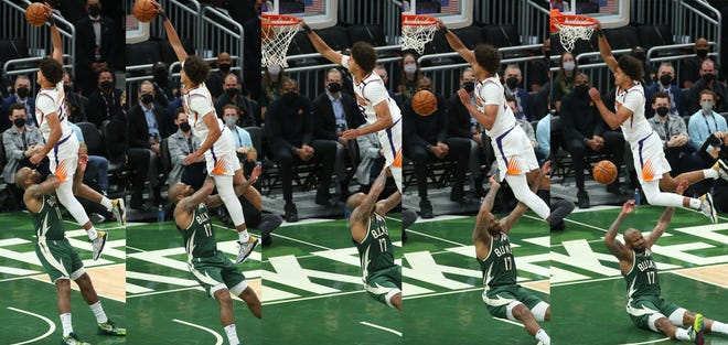 A sequence of Phoenix Suns forward Cameron Johnson (23) dunking over Milwaukee Bucks forward P.J. Tucker (17) during Game 3 of the NBA Finals at Fiserv Forum in Milwaukee on July 11, 2021.