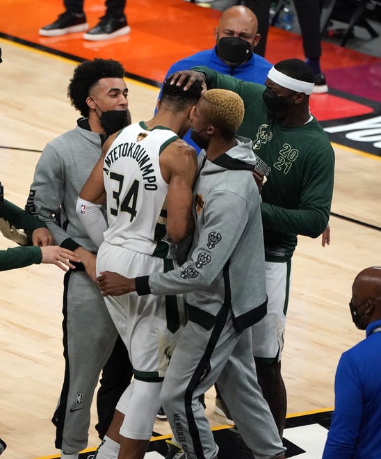 During the fourth quarter of Game 5 of Bucks 123-119 win over the Phoenix Suns in the NBA Finals at Footprint Center in Phoenix on Saturday.